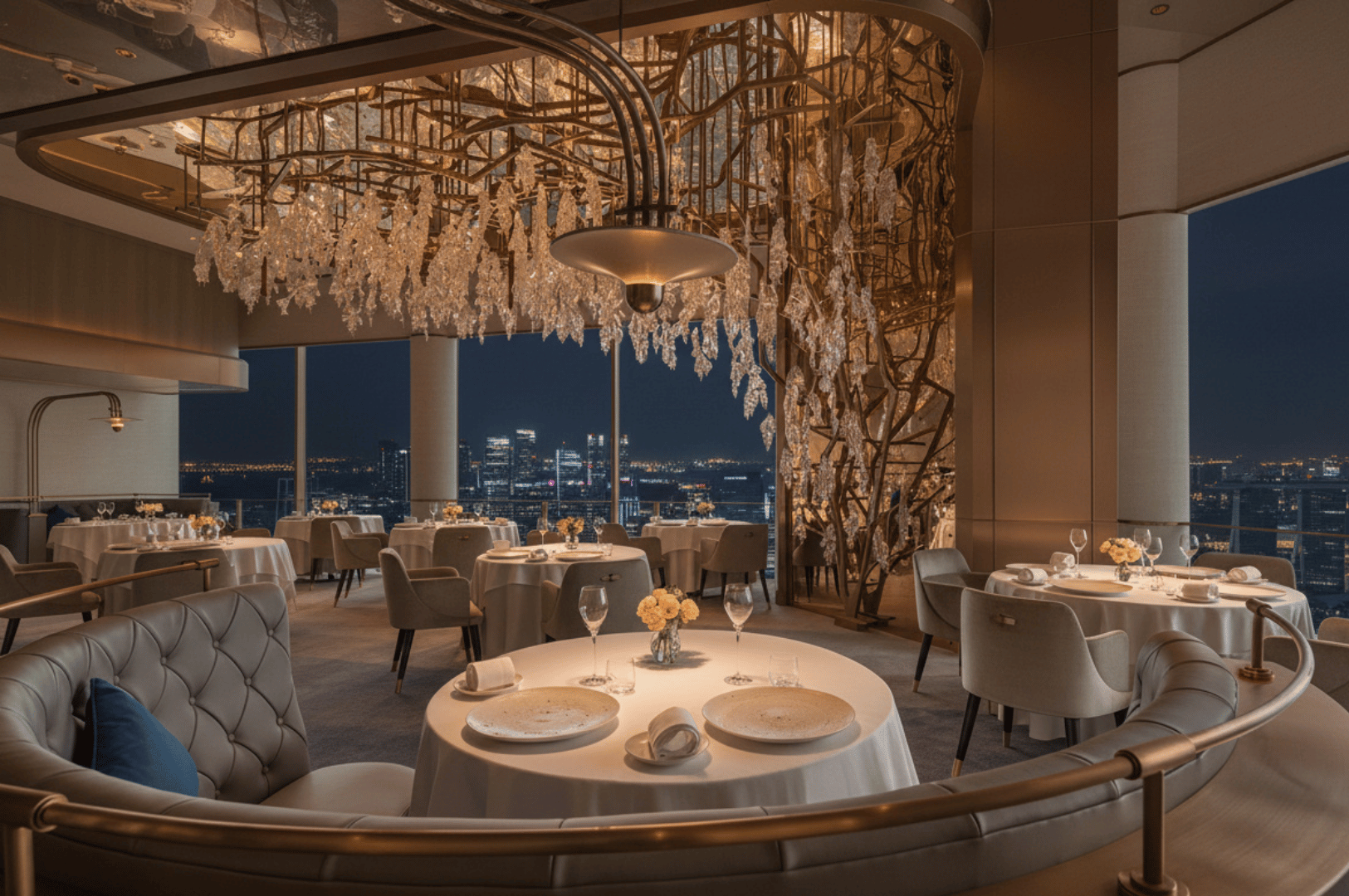 Michelin-Guide-SG- (5) Luxurious interior of Jaan by Kirk Westaway in Singapore, with crystal chandeliers, city views, and artful table settings that embody the Michelin Guide’s fusion of haute cuisine and cultural storytelling.