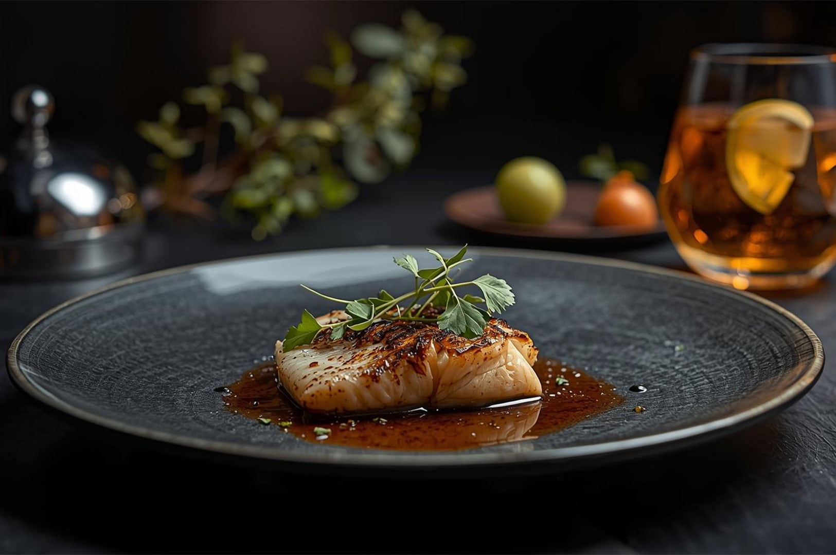 A grilled fish fillet served over a savory sauce on a dark, textured plate, garnished with fresh herbs in a fine dining presentation.