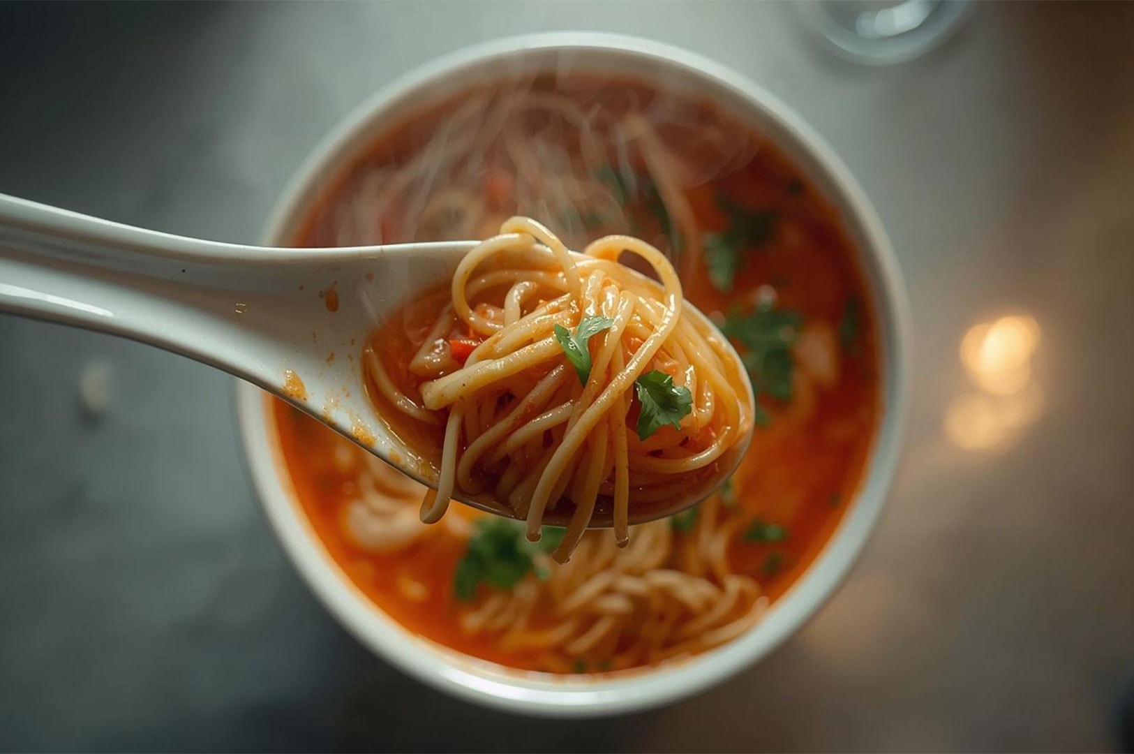 A white spoon lifting noodles from a bowl of spicy red curry soup (Laksa), garnished with fresh herbs and steaming hot.
