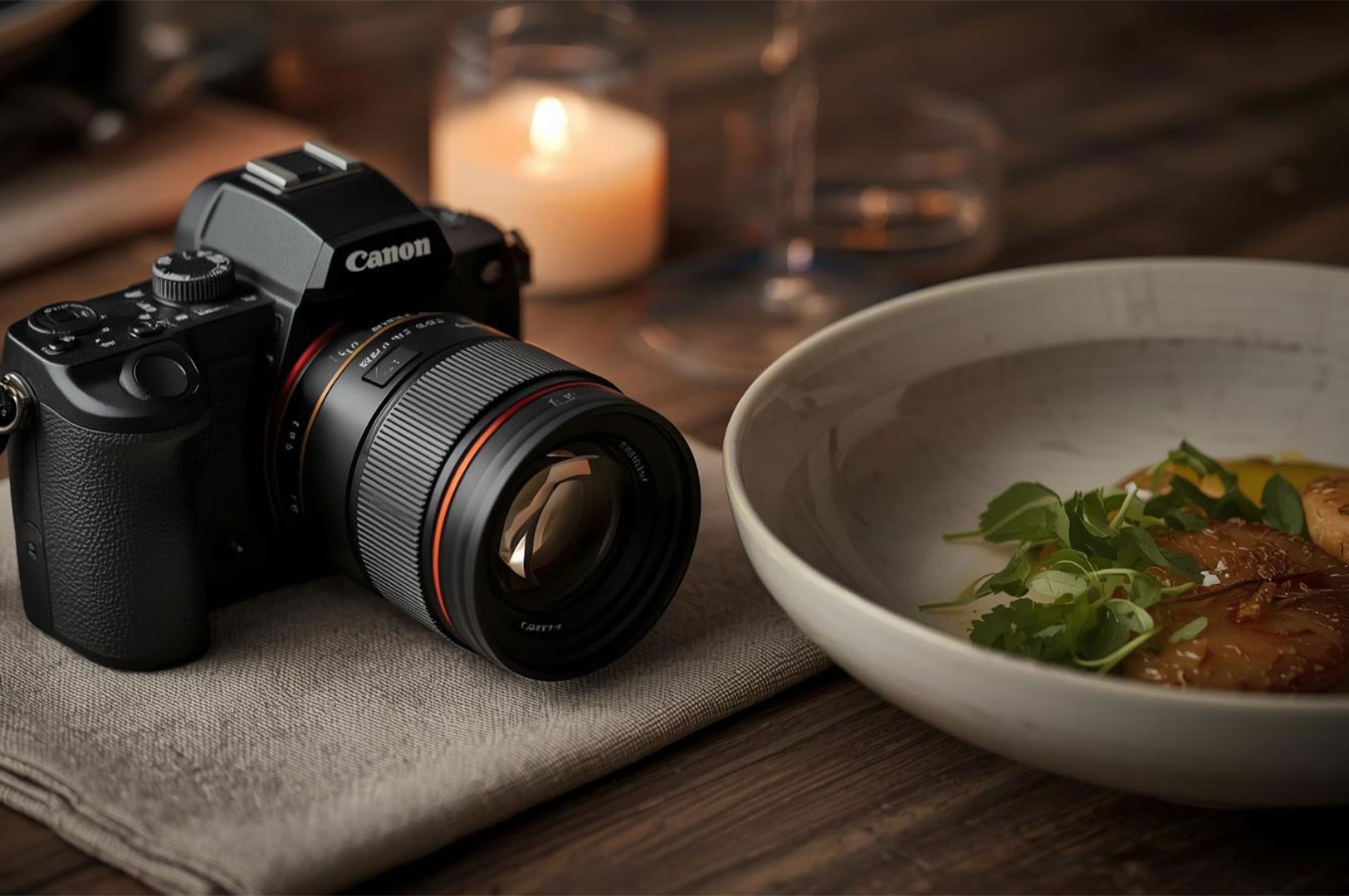 A Canon mirrorless camera with a lens resting on a beige cloth next to a white bowl of plated food and a lit candle.