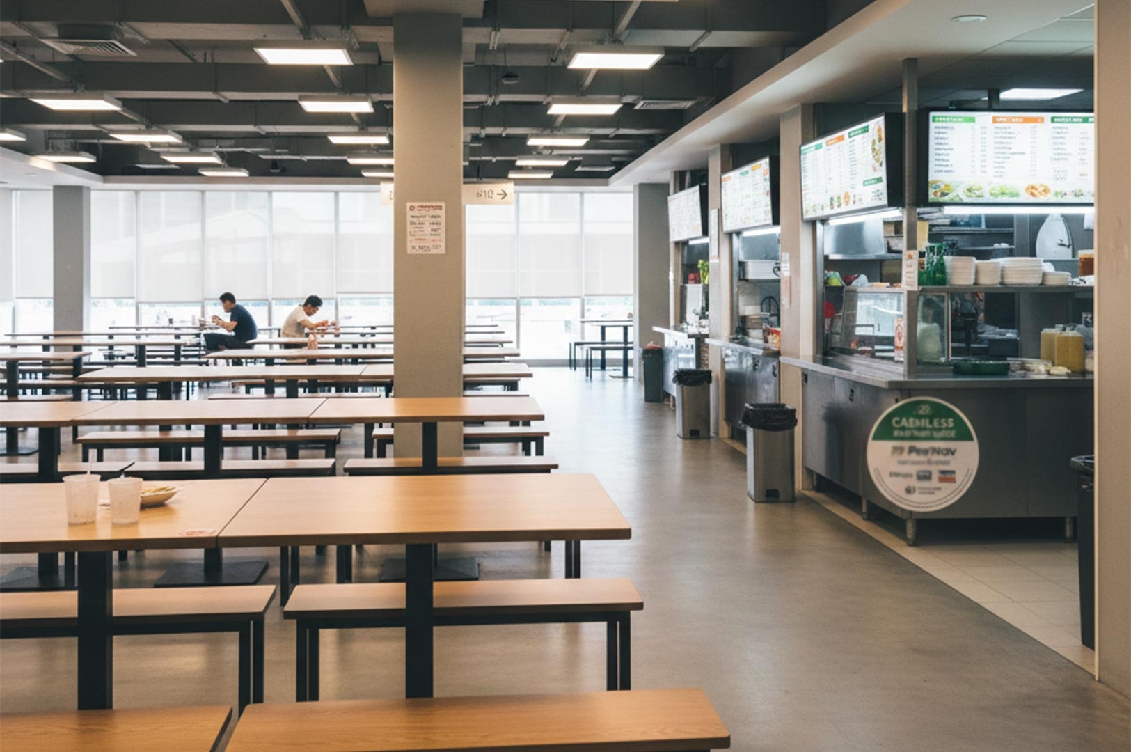 Interior view of a modern, well-lit hawker center food court showing rows of clean, empty wooden tables, stools, and cashless payment signage on the stalls.