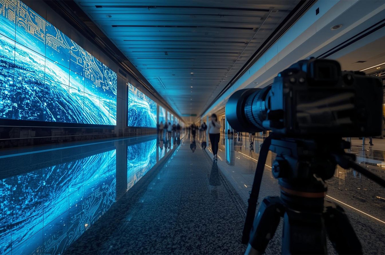 A professional DSLR camera mounted on a tripod in a modern corridor lined with large, blue digital LED screens and reflective flooring.