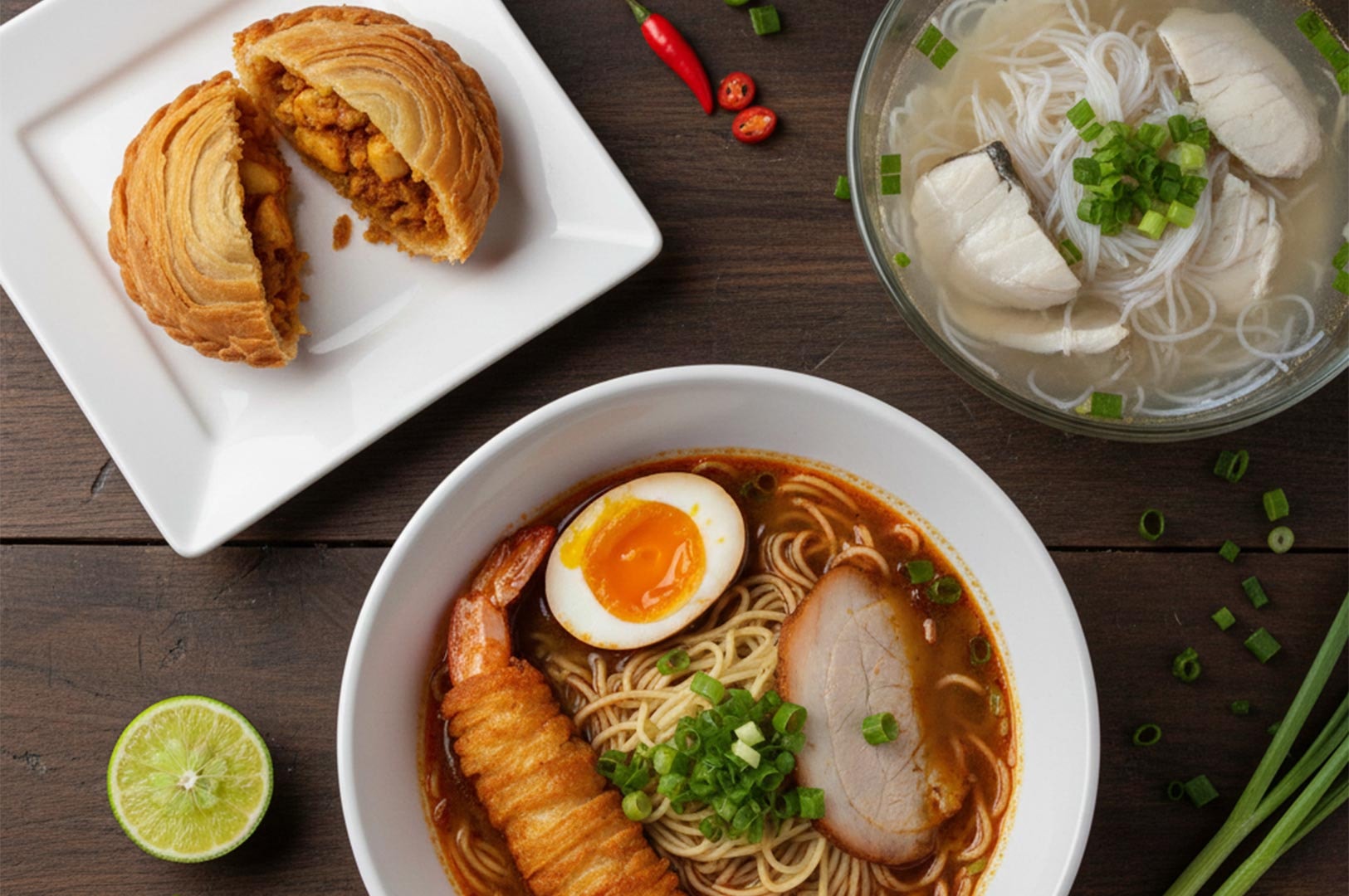 Flat lay food photography featuring a spread of local Singaporean dishes, including a bowl of spicy prawn noodles (Hae Mee), fishball soup, and a sliced curry puff.