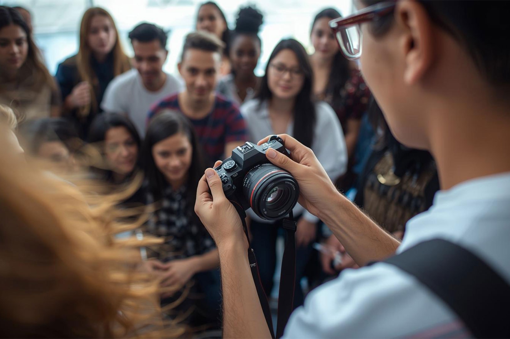 A photographer holding a digital camera, reviewing a photo on the LCD screen with a diverse group of smiling people in the blurred background.
