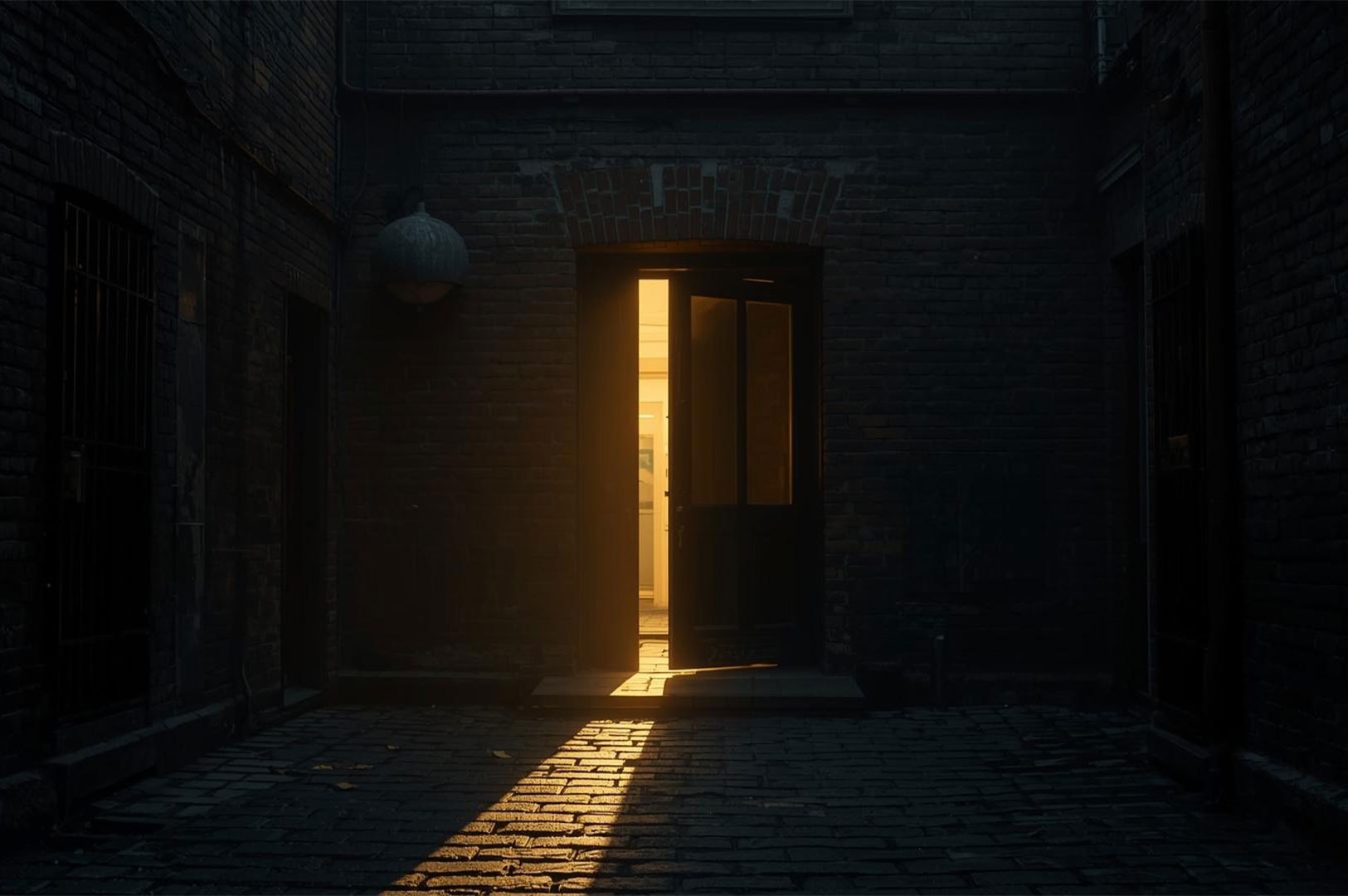 A mysterious dark alleyway featuring a single open door emitting a bright beam of warm gold light that spills across the cobblestone pavement.