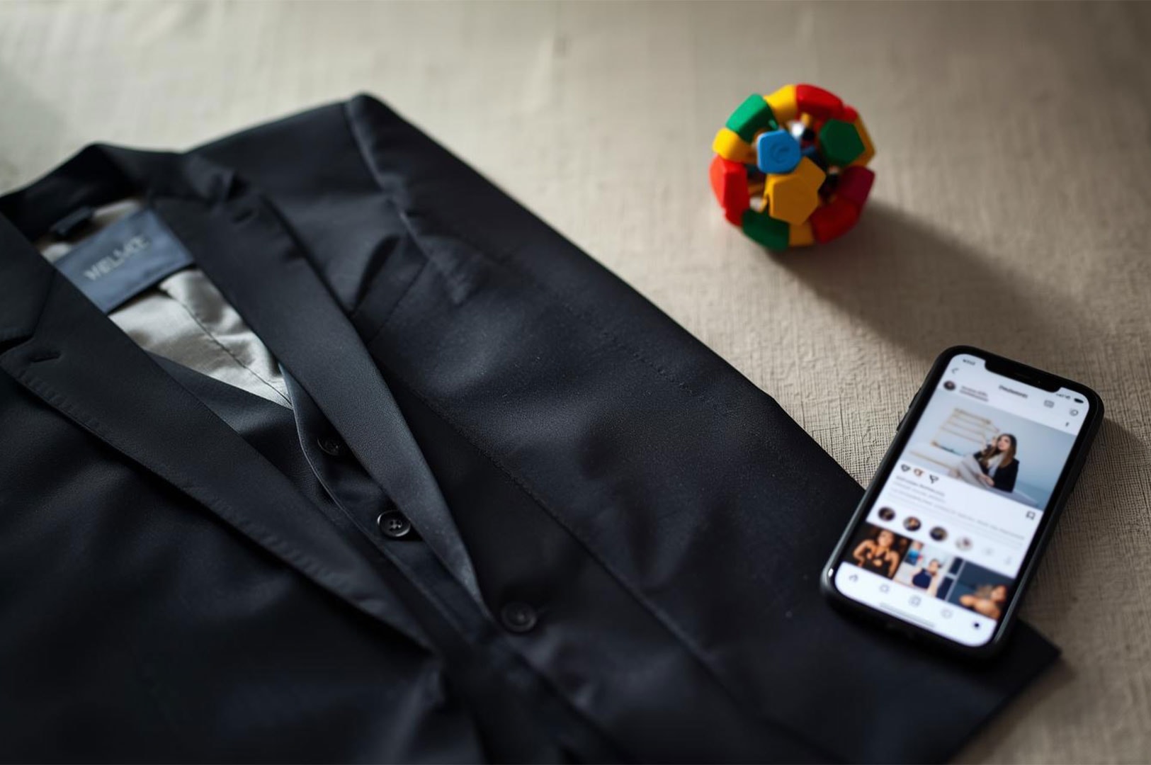 A lifestyle flat lay composition featuring a black men's blazer, a colorful geometric puzzle ball, and a smartphone displaying an Instagram social media feed.