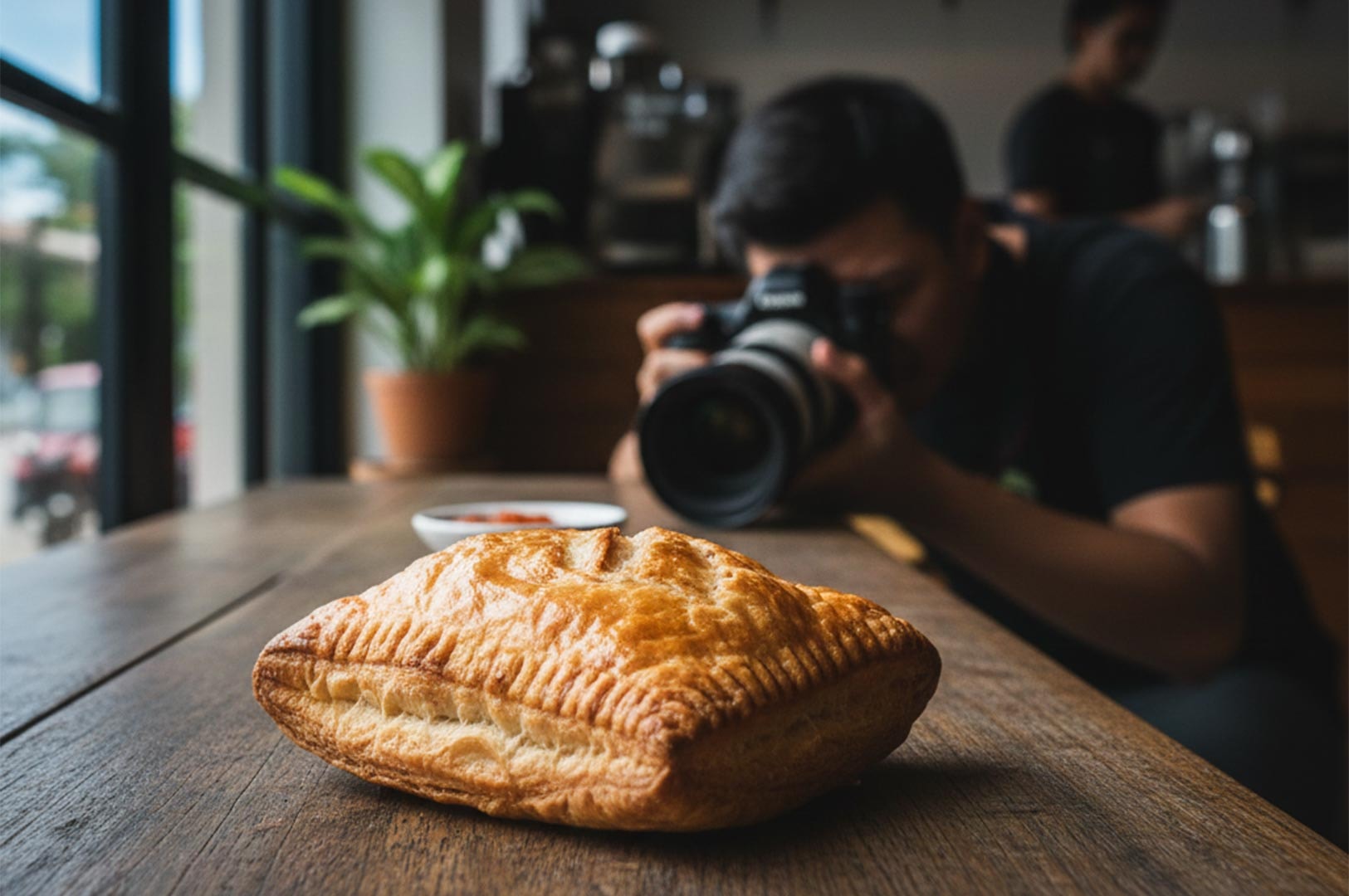 Behind-the-scenes shot of a food photographer using a professional camera to take a close-up picture of a flaky, golden-brown curry puff on a wooden table.