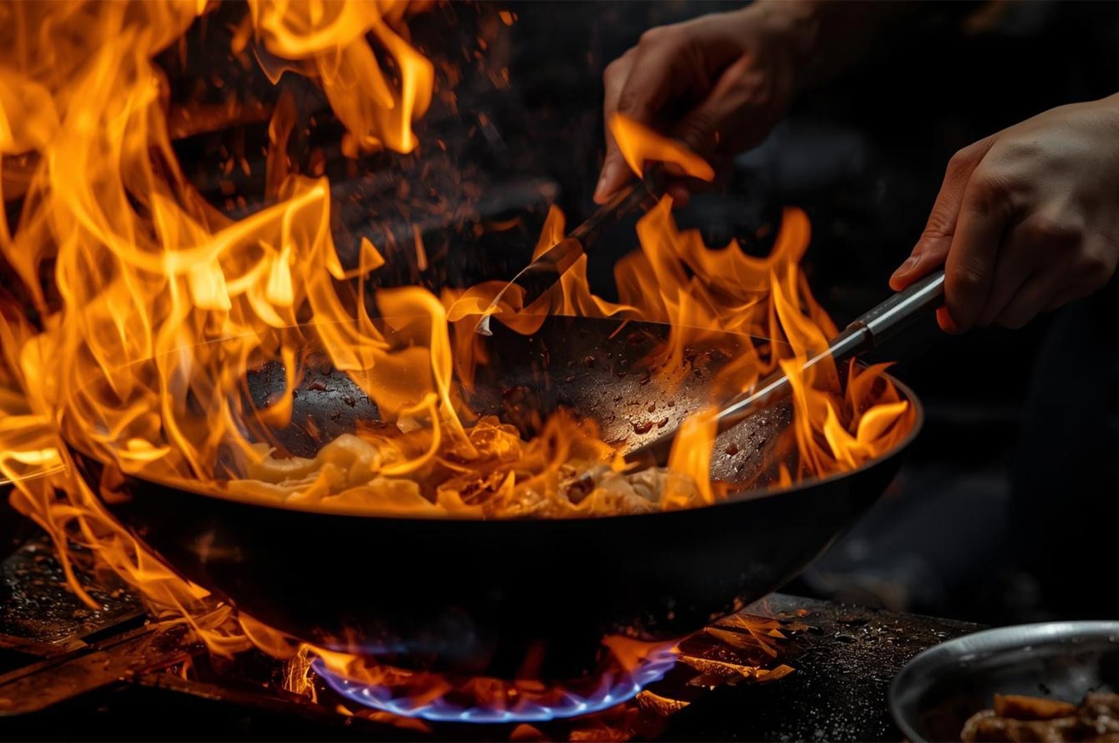Dramatic action shot of a chef cooking with high heat, capturing large flames (wok hei) erupting from a black wok during the stir-frying process.