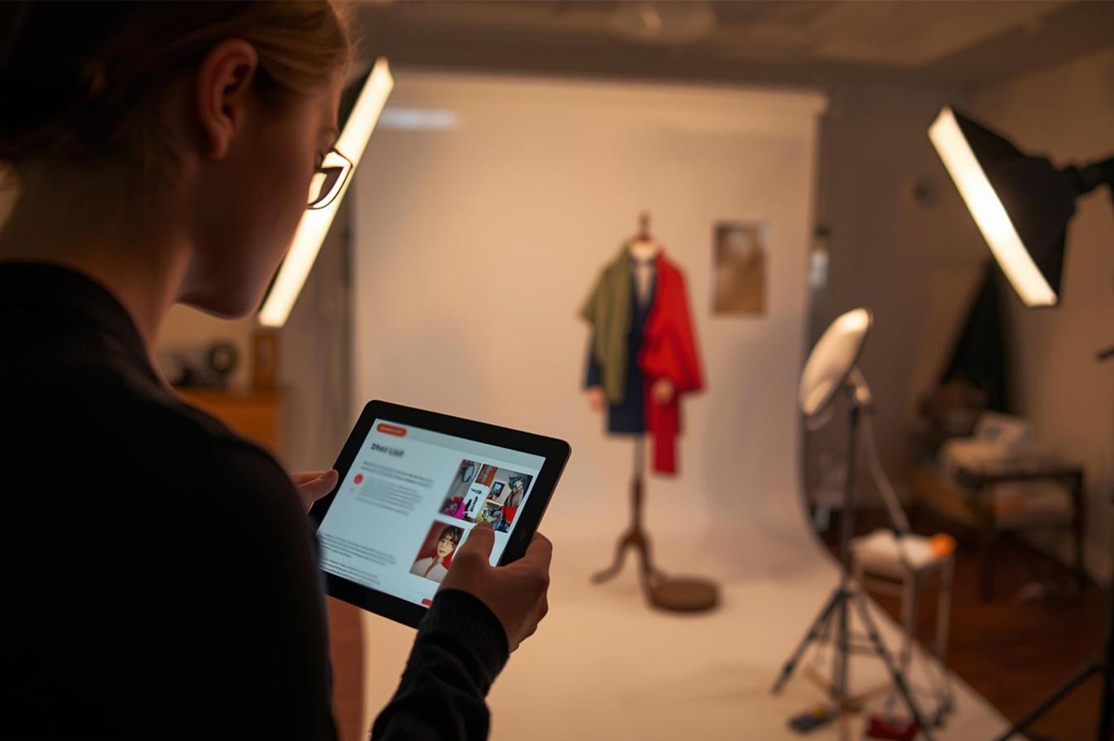 Close-up of a person holding a tablet to review a shot list or mood board during a fashion photoshoot, with lighting equipment and a dressed mannequin in the background.