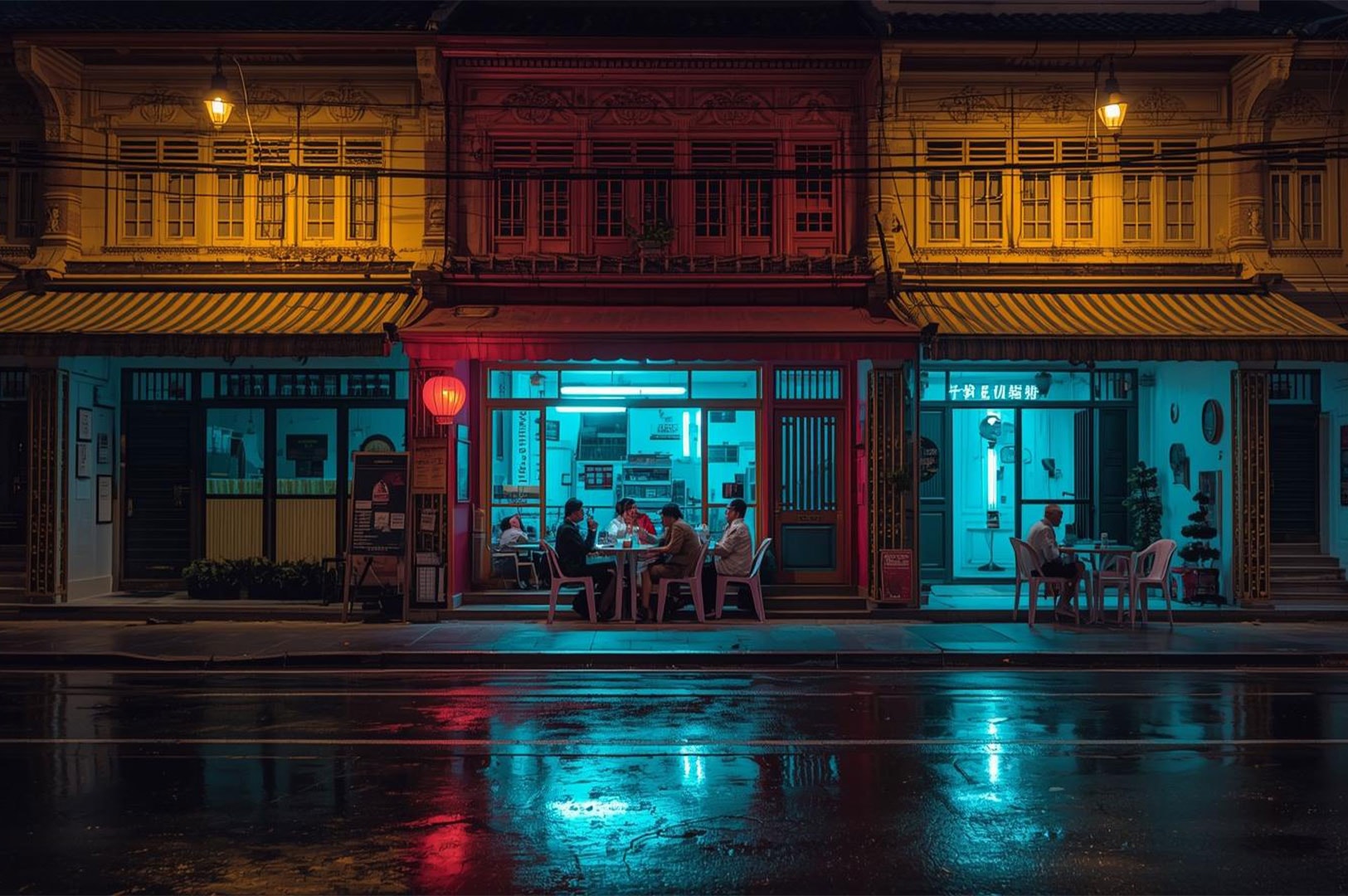 A cinematic night shot of a traditional Asian shophouse restaurant illuminated by cyan neon lights and red lanterns, with diners sitting at tables and wet pavement reflecting the colorful lights.