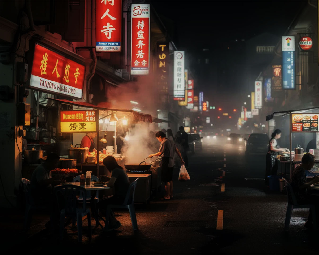 The night view of Tanjong Pagar street showcases vibrant restaurant signs illuminating the area, with steam rising from various food stalls offering popular dishes like prawn noodles and fried rice. The bustling atmosphere is enhanced by the presence of diners enjoying affordable meals, including dumpling noodles and chicken cutlet, in Singapore's CBD.