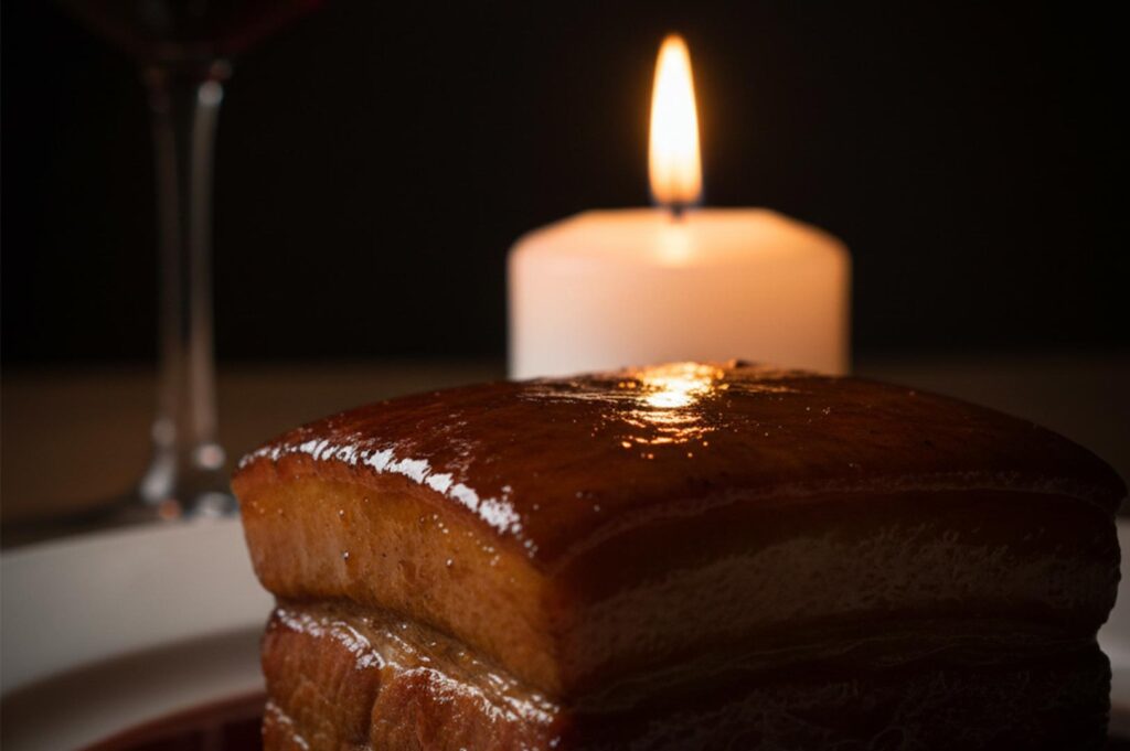A macro shot of a glossy, honey-glazed braised pork belly dish served by candlelight in a high-end restaurant.