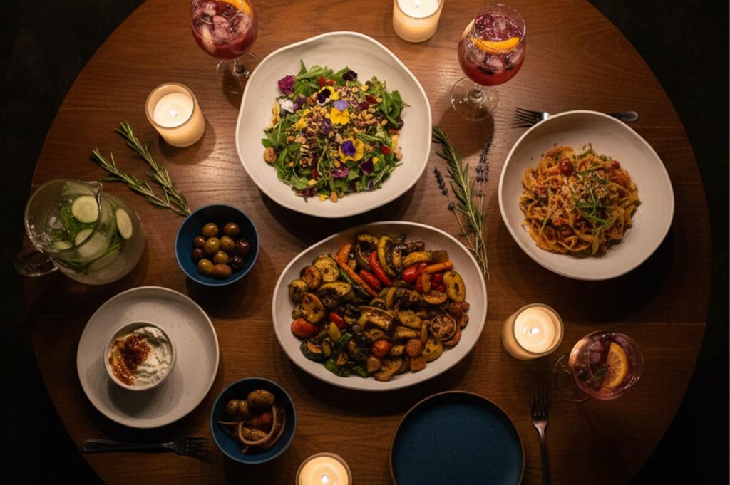 An overhead view of a wooden table featuring roasted vegetables, pasta, a floral salad, olives, dips, and glasses of red sangria lit by candles.