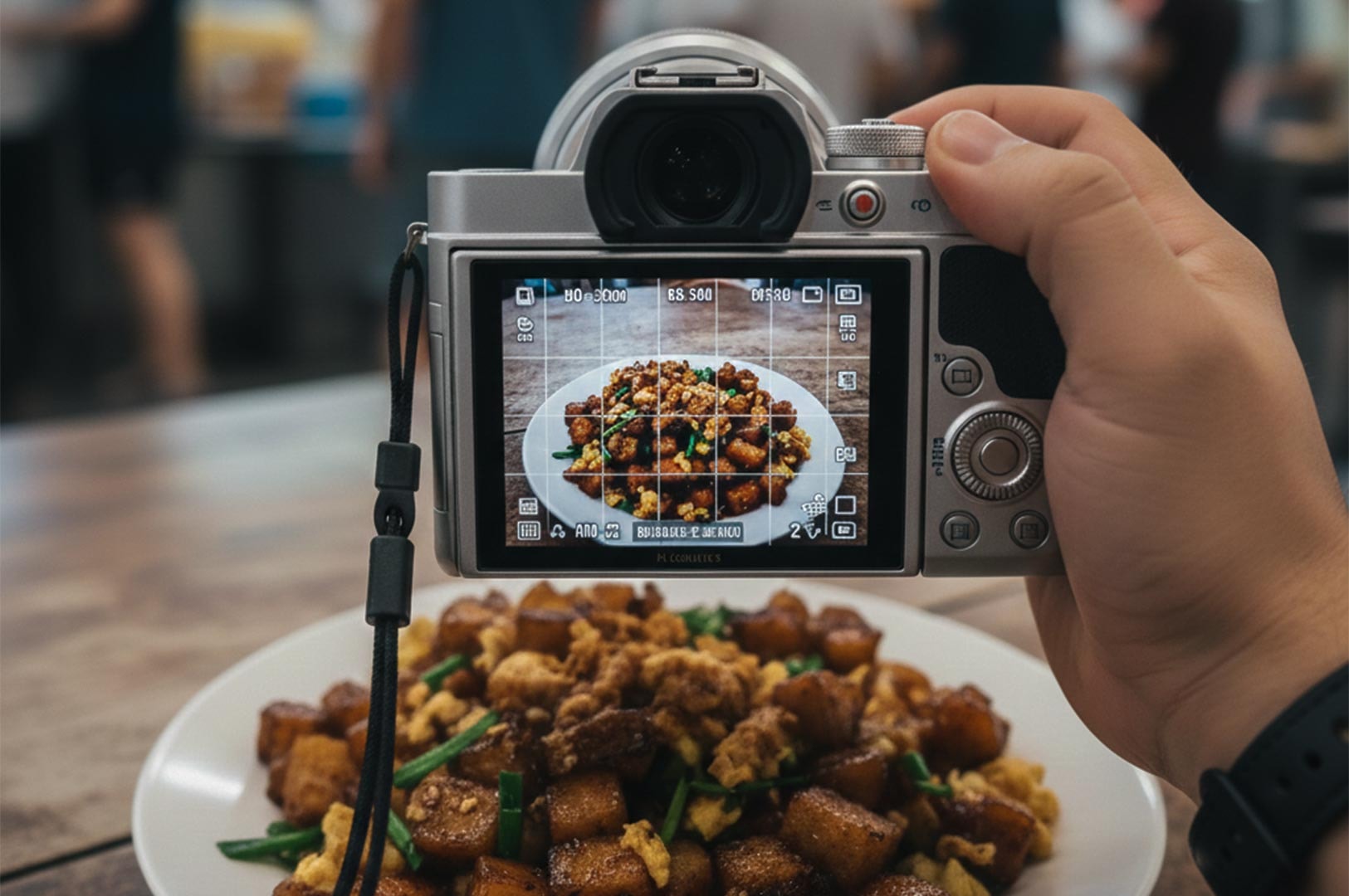A first-person perspective of a photographer holding a silver mirrorless camera, framing a shot of a plate of stir-fried radish cake (chai tow kway) on the LCD screen.