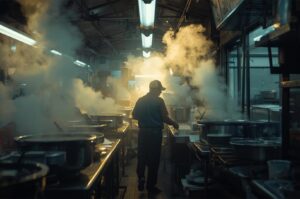 A silhouette of a street food chef working in a narrow, atmospheric kitchen filled with thick clouds of steam and warm industrial lighting.