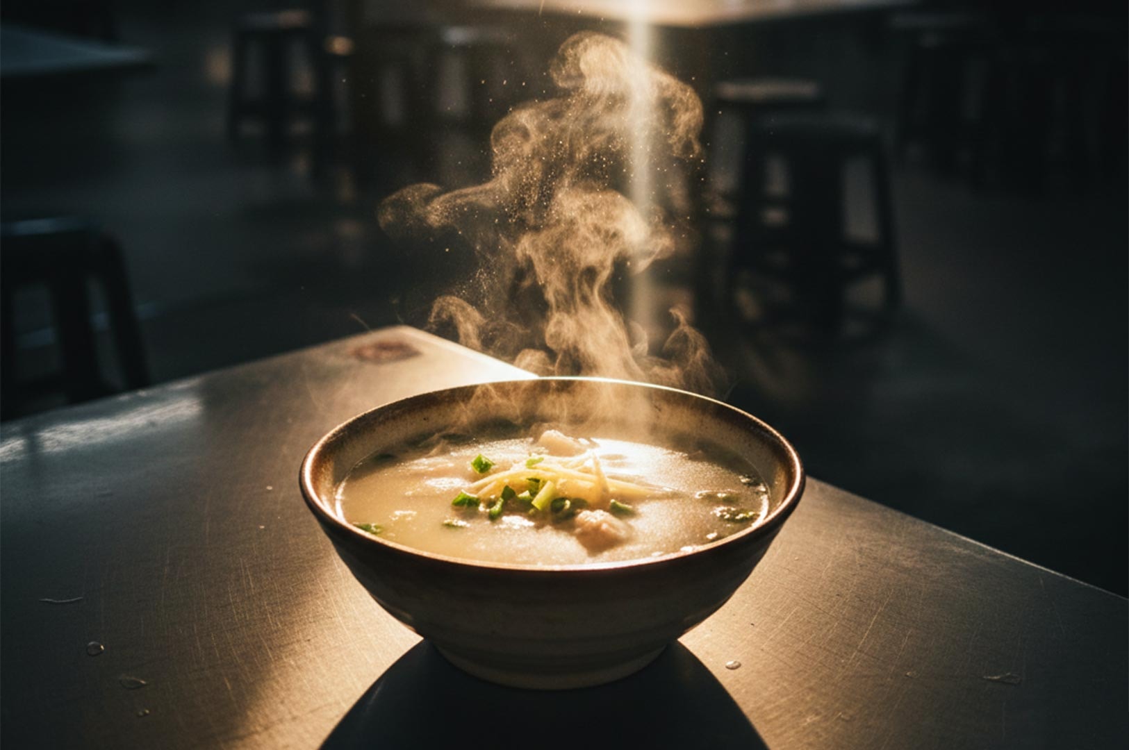 A steaming bowl of hot congee garnished with ginger and green onions, captured in a moody setting with a dramatic light beam hitting the steam.