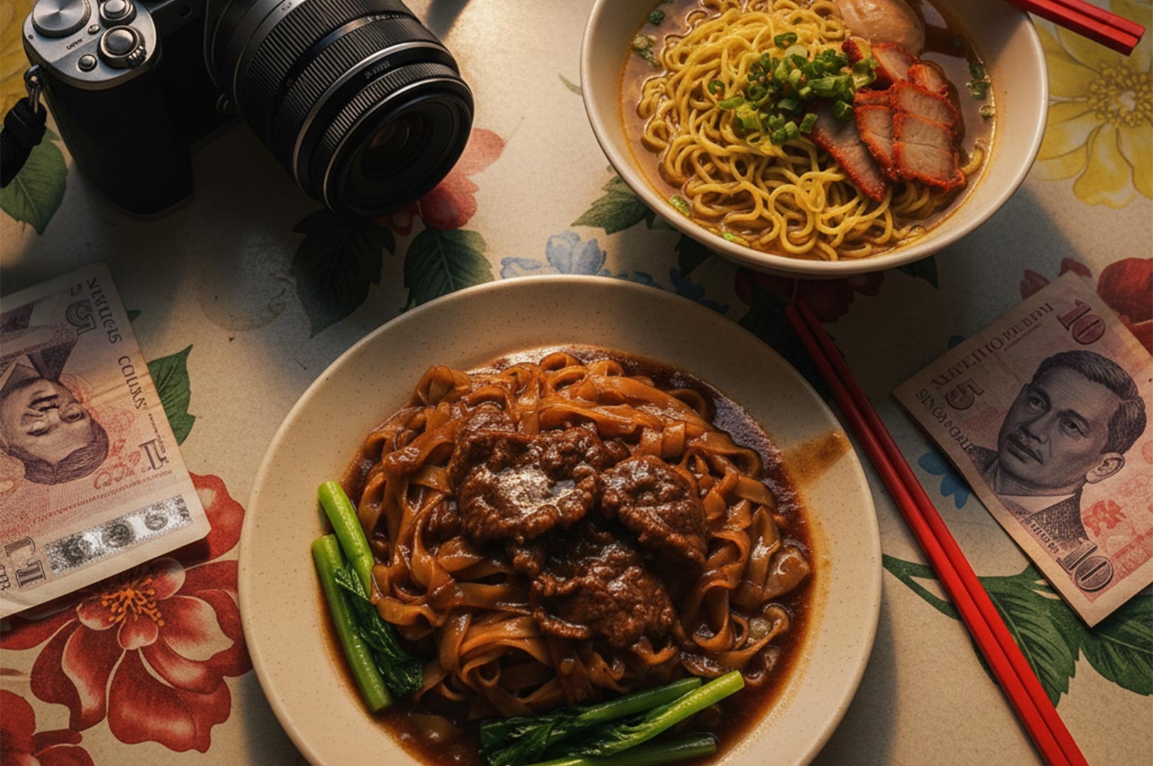 A flat lay of local noodle dishes, including beef hor fun and laksa, sitting on a floral tablecloth next to a digital camera and Singaporean dollar banknotes.