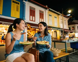 Two women sitting at a street-side table in Chinatown at night, surrounded by the lively atmosphere of a bustling night market.