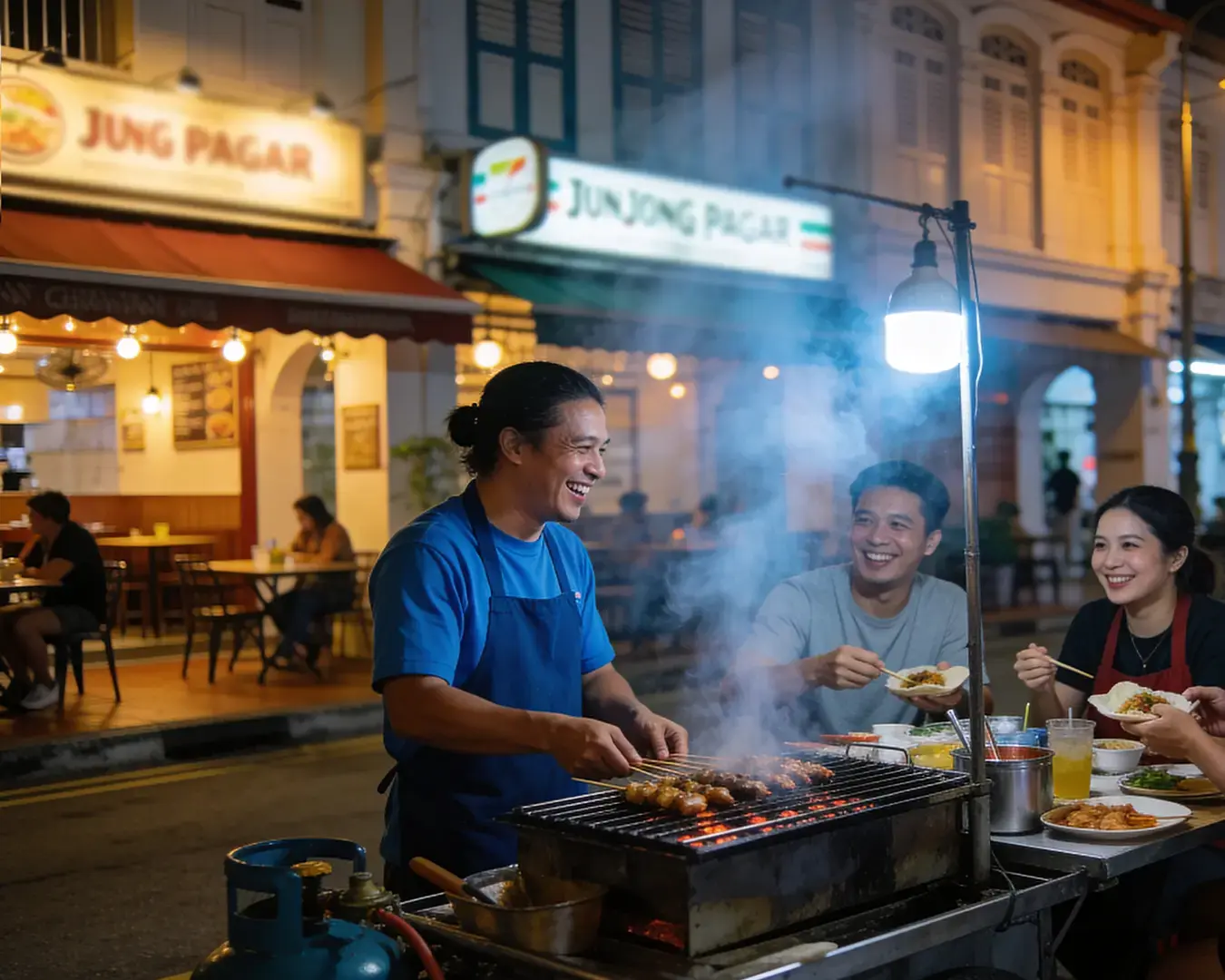 A night market stall grilling satay over glowing charcoal, with skewers lined up and smoke rising into the air while customers sit nearby, enjoying the aroma and lively street dining experience