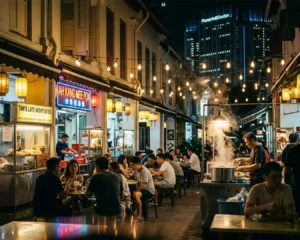 A lively night food stall scene with groups of people gathered around small tables, enjoying freshly cooked dishes under warm street lights, creating a bustling and communal atmosphere.