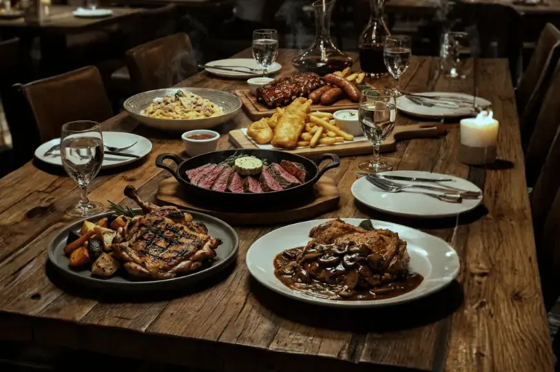 A rustic wooden dining table filled with a lavish spread of Western comfort food, including sliced steak in a cast-iron skillet, grilled chicken, ribs, fish and chips, and pasta, all softly illuminated by a glowing candle.
