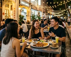 Four friends enjoy a lively dinner at an outdoor restaurant. They're laughing and sharing food under warm string lights on a bustling street.