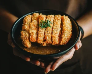 Hands holding a black bowl of crispy, golden-brown katsu curry, garnished with green herbs. The dish appears warm and inviting with a hearty tone.