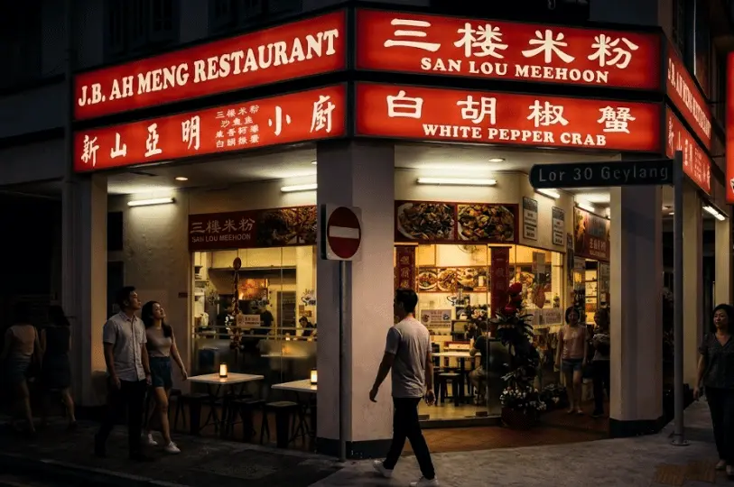 Exterior night shot of the iconic J.B. Ah Meng Restaurant at a Geylang street corner, glowing with striking red neon signs and warm interior lights as pedestrians walk by the pavement.
