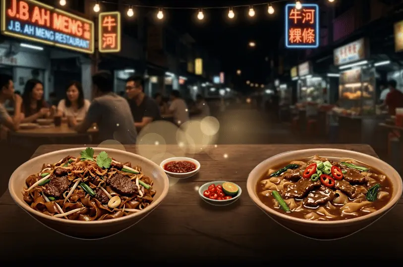 Cinematic low-angle shot of two plates of glistening beef hor fun on a wooden table, framed against a softly blurred bokeh background of a vibrant Geylang night market illuminated by string lights.