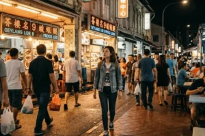 Night photography of a bustling street scene in Geylang, Singapore, featuring illuminated vintage food stall signs like Geylang Lor 9 Frogs Leg and a crowd of diners beneath warm fluorescent lights.