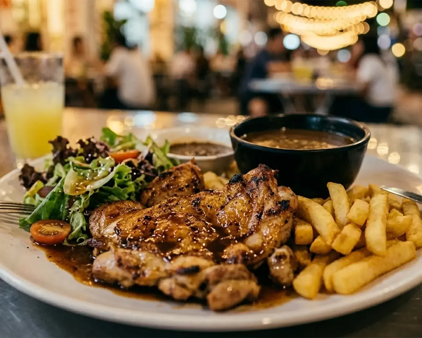 Grilled chicken with sauce, fries, and a side salad on a white plate. A bowl of soup and a lemonade are in the background, with a lively, blurred cafe setting.
