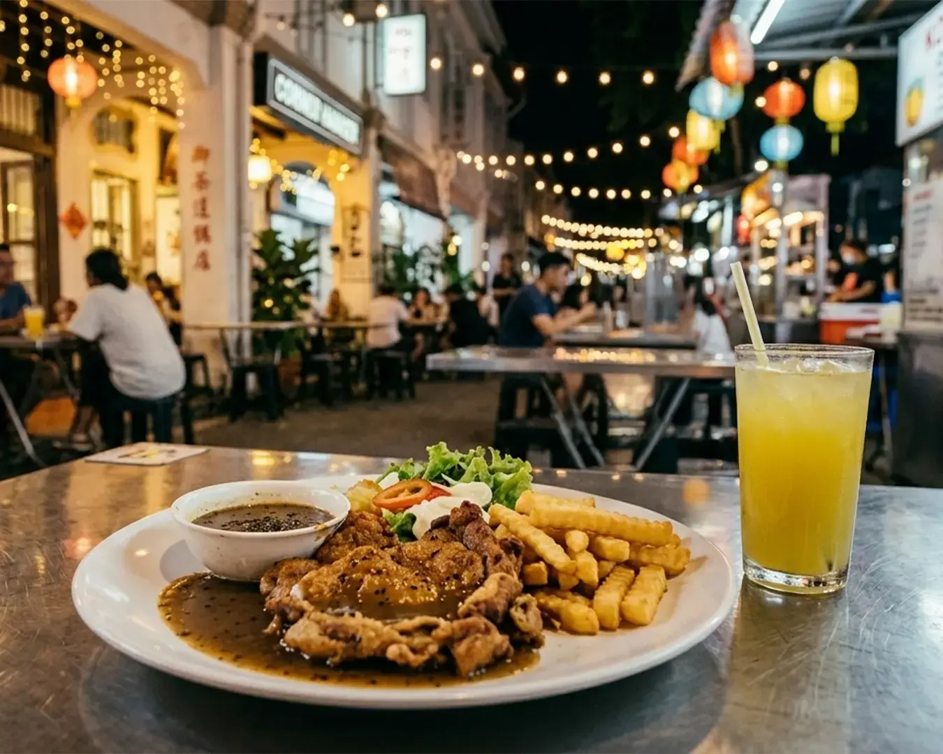 A plate of grilled chicken, fries, and salad sits on a table at a vibrant night market, surrounded by string lights and colorful lanterns. A glass of juice is next to the plate, creating a cozy, lively atmosphere.