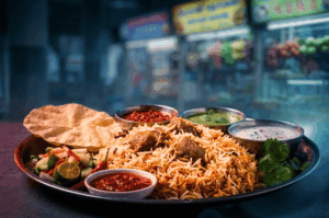 A vibrant, cinematic shot of a biryani dish glowing under deep blue and red neon lights, with the out-of-focus, illuminated signs of a midnight hawker centre in the background.