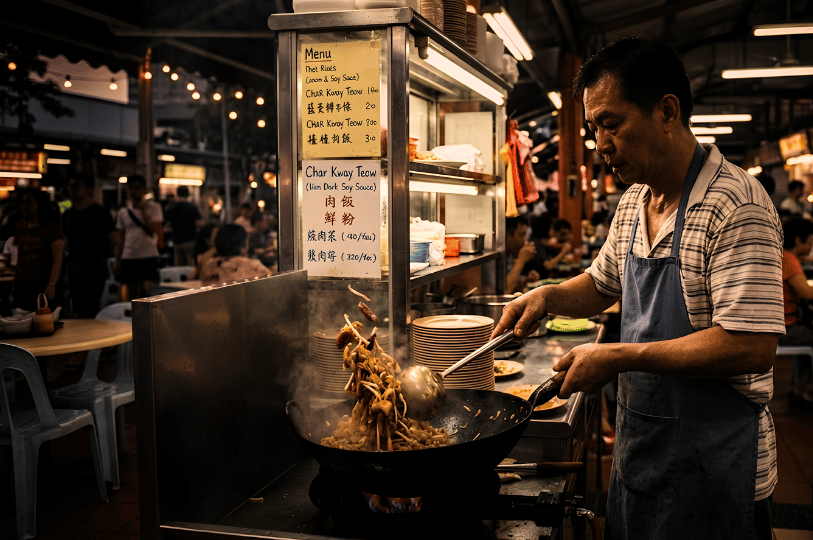 A chef wearing a blue apron expertly tosses Char Kway Teow noodles in a large wok over an open flame at a hawker stall, captured in dramatic, warm lighting.