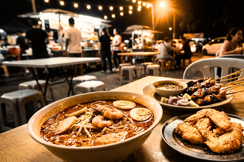 A close-up of a table feast at an outdoor night market featuring a bowl of spicy prawn laksa, crispy fried chicken wings, and satay skewers, with lively food stalls blurred in the background.