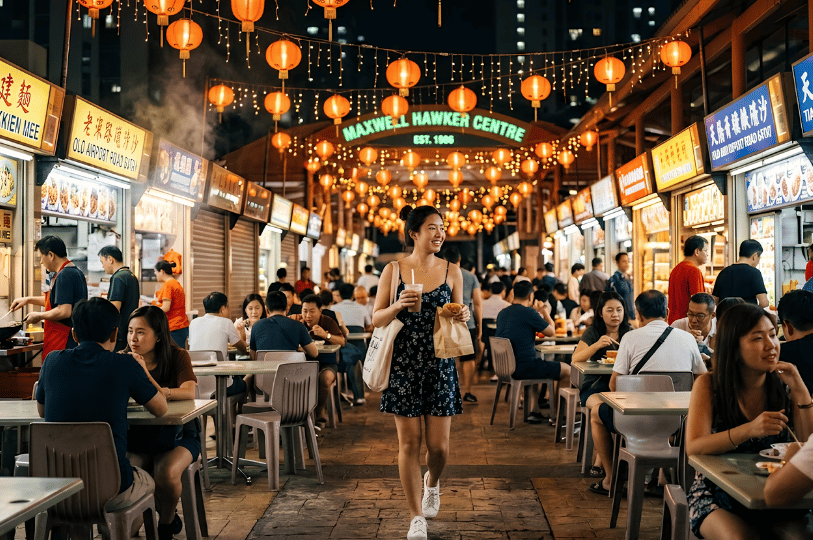 A smiling young woman walks through the bustling Maxwell Hawker Centre at night holding a drink and a snack, surrounded by seated diners and illuminated food stalls under festive red lanterns.