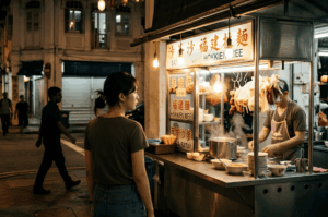 A young woman stands on a dimly lit street corner at night, looking thoughtfully toward a warmly lit street food cart displaying signs for Hokkien Mee and Satay. Inside the glowing stall, a vendor is busy cooking near steaming pots and hanging ingredients, while a silhouetted man walks past in the quiet, atmospheric background.
