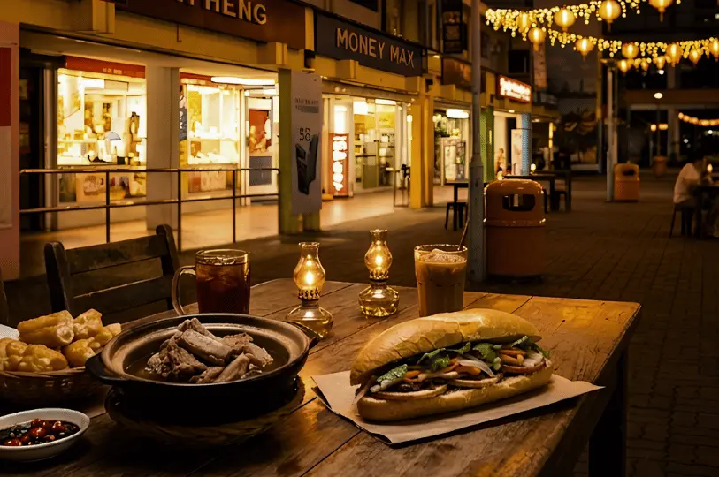 An atmospheric nighttime street dining setup lit by small oil lamps, featuring a claypot of pork rib soup and a banh mi sandwich, with illuminated storefronts and string lights in the background.