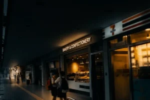 A moody, low-light street scene in Singapore at night, showing a "Bakery & Confectionery" shop and a 7-Eleven under a dark walkway, with silhouettes of people walking by.