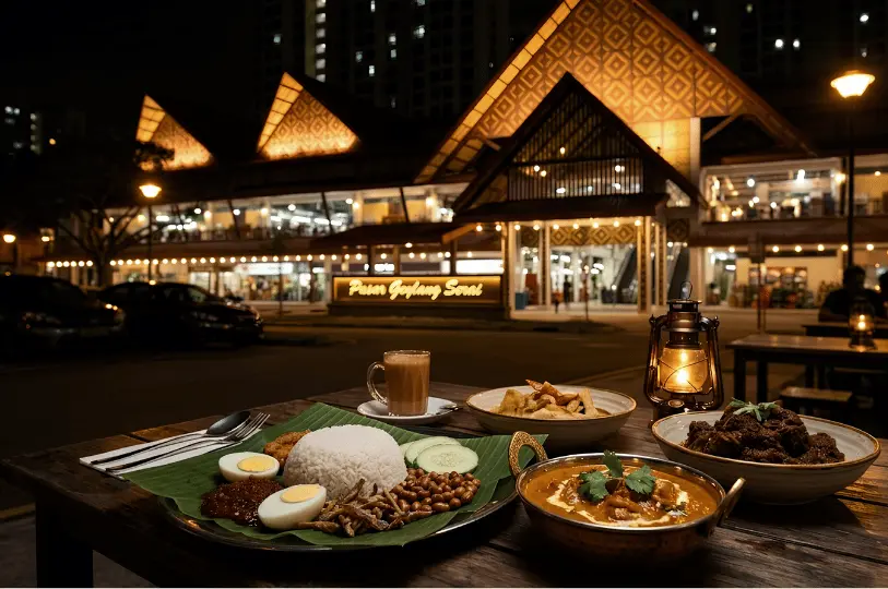 A wooden table showcasing a traditional Malay meal of Nasi Lemak on a banana leaf, curry, and teh tarik, with the illuminated, traditional pavilion-style roof of Pasar Geylang Serai in the background.