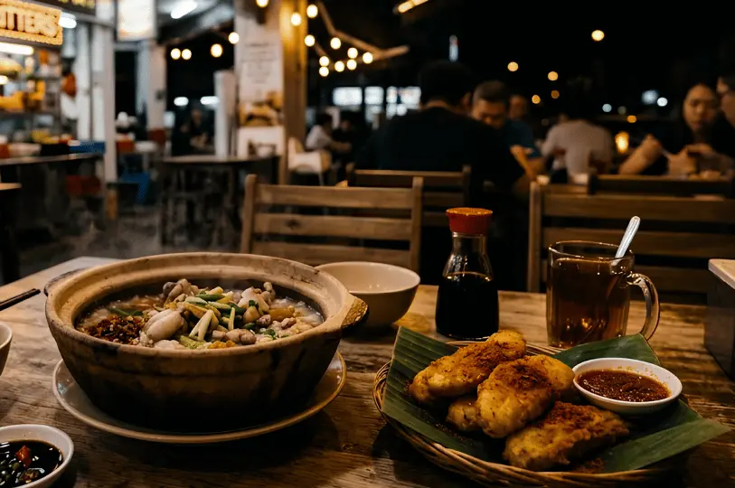 A savory claypot of congee topped with meat and scallions, served next to a basket of crispy fried fritters and a dipping sauce at an outdoor eatery at night.
