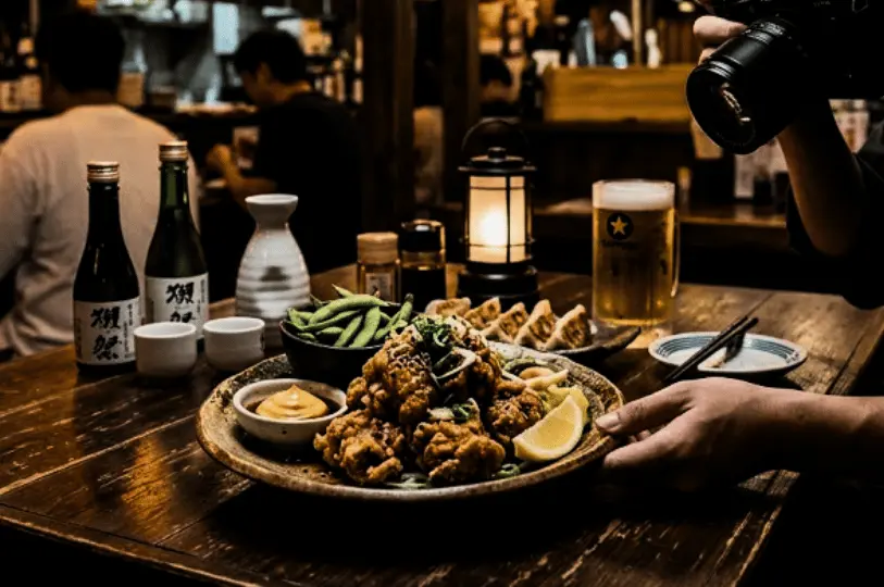 A photographer holding a camera framing a shot of an izakaya feast under dim, moody lighting, featuring a platter of glowing, crispy karaage, edamame, and sake.