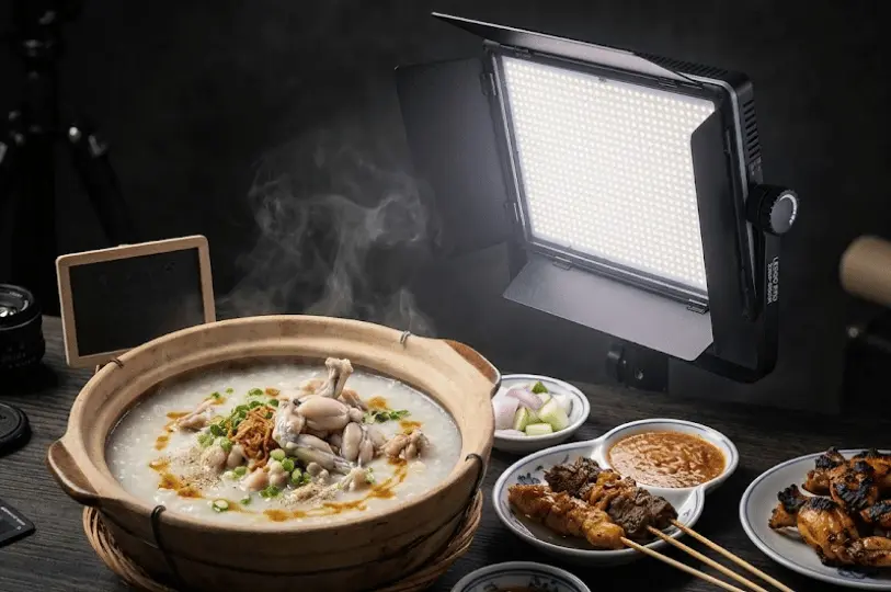 A professional food photography setup featuring a steaming bowl of frog leg porridge illuminated by a bright, portable LED panel light with barn doors on a tabletop.