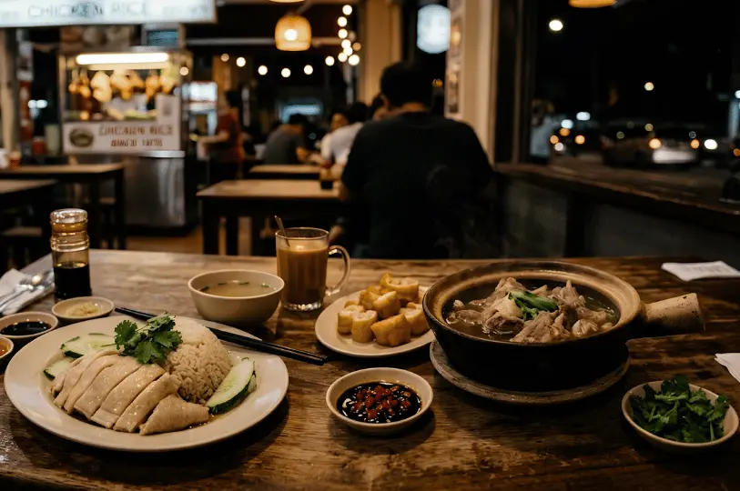 A close-up of a rustic wooden table laid out with a plate of Hainanese chicken rice, a steaming claypot of bak kut teh, and youtiao (fried dough sticks), with a blurred late-night restaurant scene behind it.