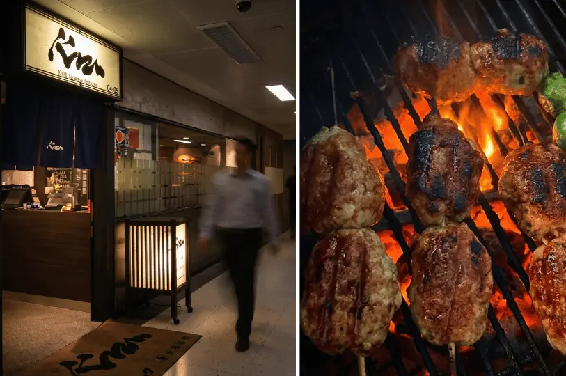 A split image showing the glowing entrance to Kazu Japanese Restaurant on the left, and a close-up of thick meatball skewers sizzling over a hot open charcoal grill on the right.