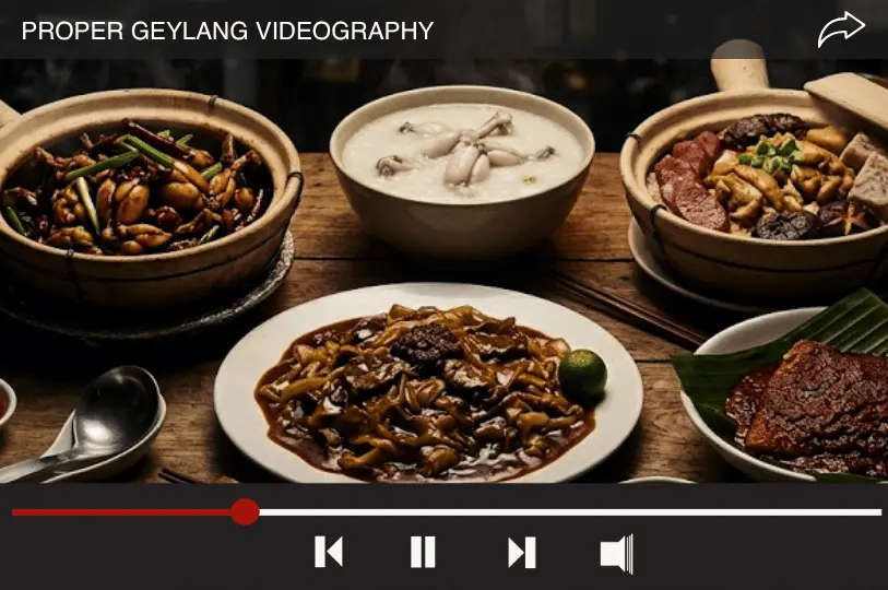A cinematic spread of Geylang food including frog leg porridge and claypot dishes, presented as a video still with a "Proper Geylang Videography" overlay and playback controls.