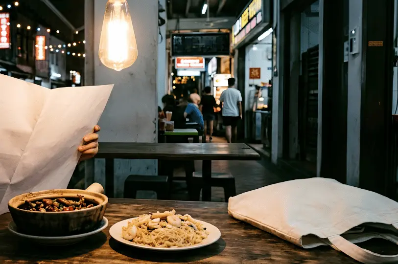 A first-person perspective of dining at a night market in Singapore, featuring claypot noodles and a white tote bag on a wooden table under the warm glow of a hanging lightbulb.