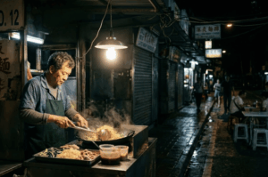 A quiet late-night street food scene where an older vendor cooks noodles in a wok, illuminated by a solitary hanging light bulb. The warm, inviting glow of the stall sharply contrasts with the empty, dark alleyway and closed metal shop doors stretching into the background.