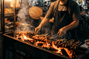 A dramatic nighttime shot of a hawker vendor in a dark apron grilling rows of meat skewers over a long, roaring charcoal grill. Bright orange flames and thick, atmospheric smoke billow upward, illuminating the vendor's hands as they use tongs to turn the satay, contrasting sharply against the moody, dark background where a traditional woven hand fan is visible.