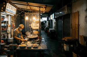 A street vendor wearing a face mask meticulously chops fresh greens at his stall. The warm, inviting glow of bare bulbs and string lights illuminates his stainless steel prep table, which is filled with bowls of fresh ingredients, while the surrounding shuttered stalls remain draped in deep darkness.